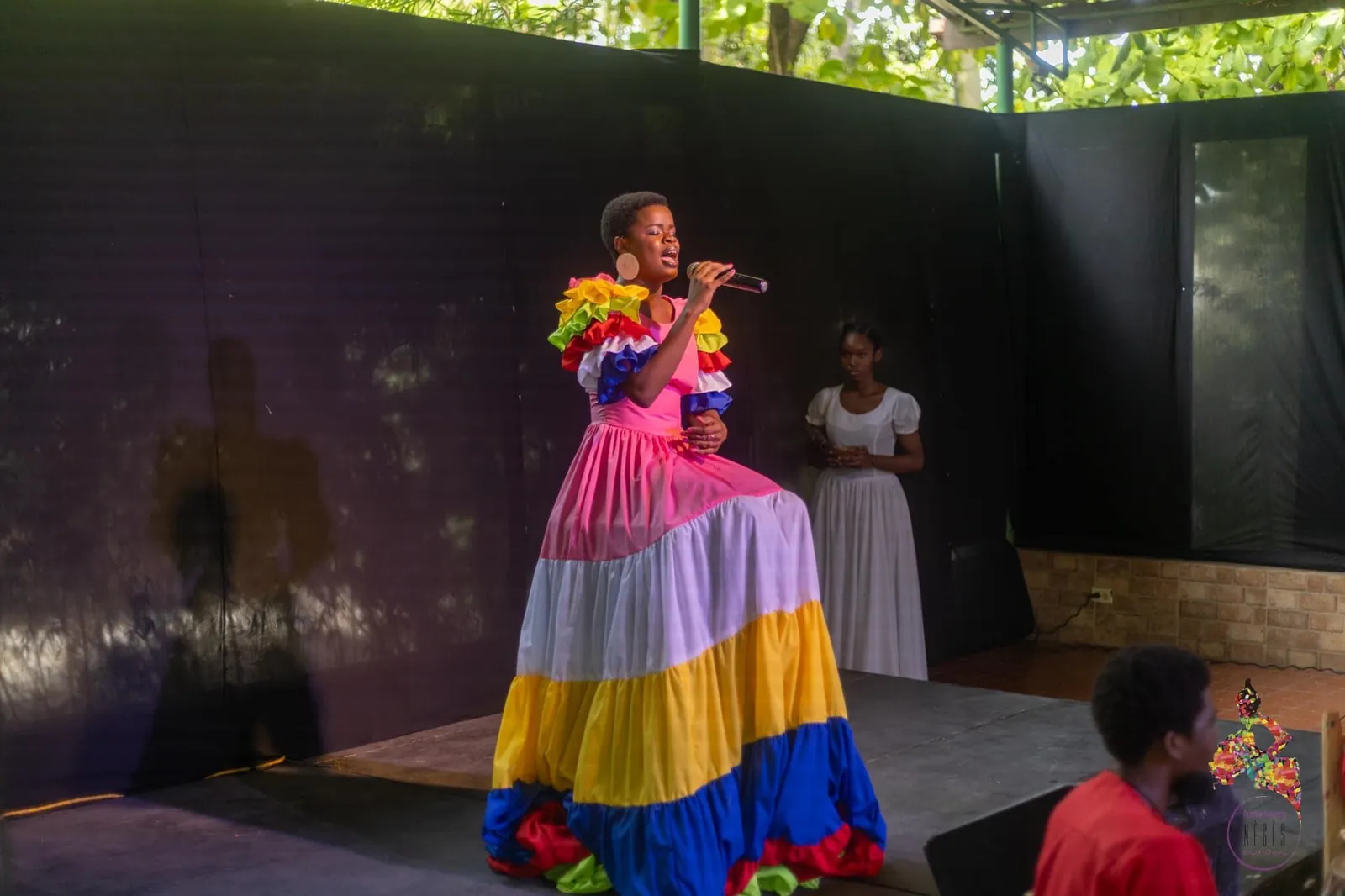 A performer in a long dress striped red, blue and yellow, singing on stage