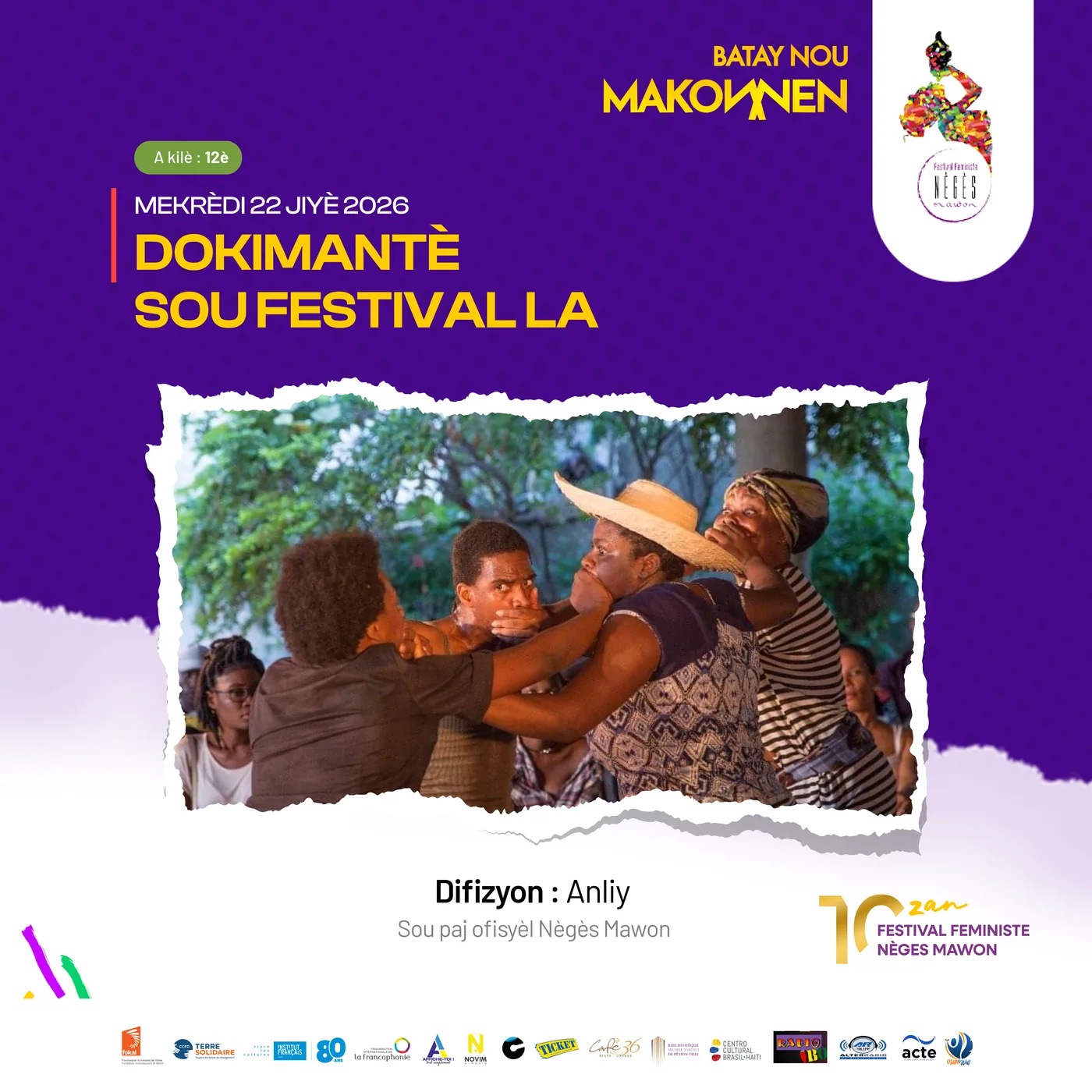Poster: Dokimantè sou festival la, Wednesday 22 July 2026