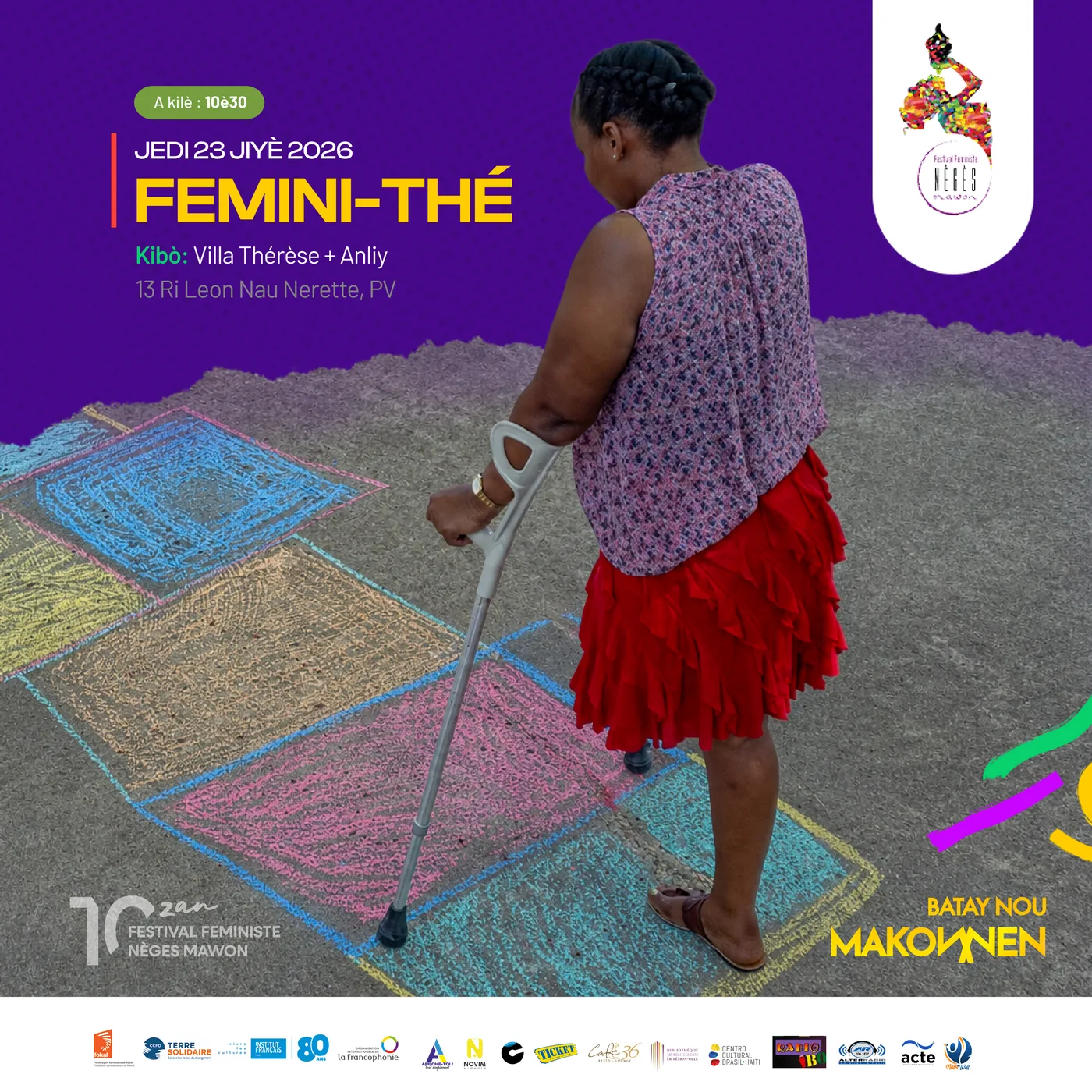 Poster: Femini-Thé, Thursday 23 July 2026, a woman on crutches walking over chalk drawings