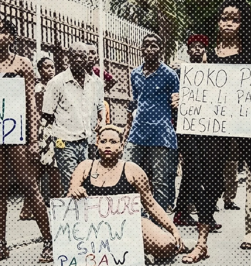 Demonstrators at a Nègès Mawon march holding hand-painted signs